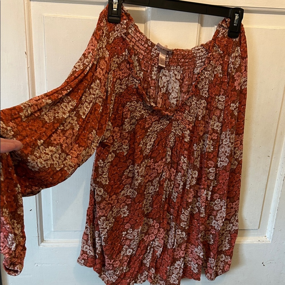 Rust Floral Peasant Blouse with Smocked Neckline